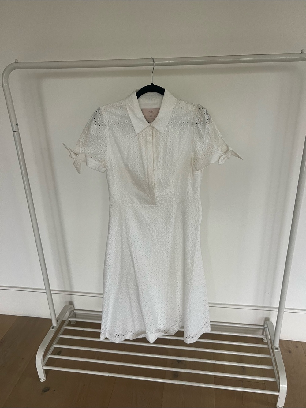 Gal Meets Glam White Eyelet Collared Midi Dress with Tie Sleeves